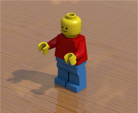 Minifigure rendered using radiosity with HDR image containing outdoor scene with blue sky