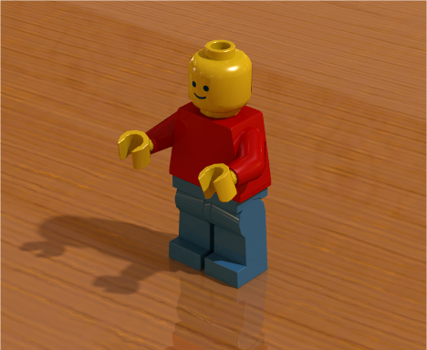 Minifigure rendered using radiosity with HDR image containing indoor scene with many light bulbs