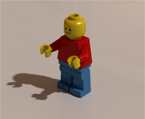 Minifigure rendered using radiosity with HDR image containing more color neutral indoor scene